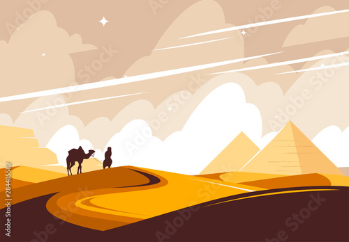 Vector illustration of an African desert, pyramids on the horizon, a silhouette of a bidouin walking through the desert with a camel