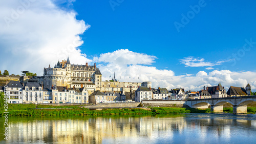 Beautiful view on the skyline of the historic city of Amboise with renaissance chateau across the river Loire. Loire valley, France