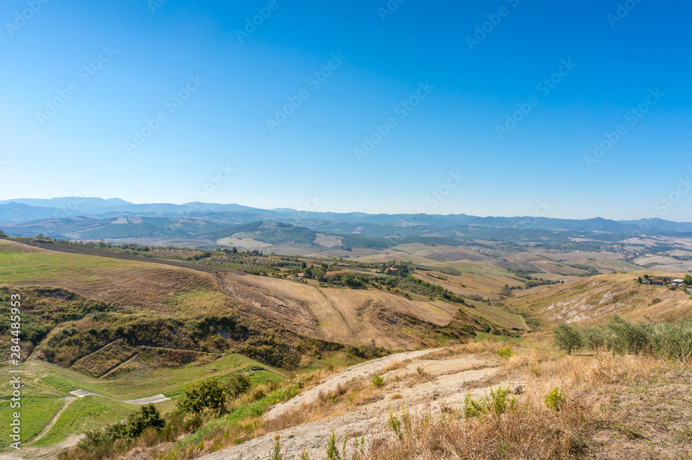 Agriculture landscape with rolling hills pastures, fields