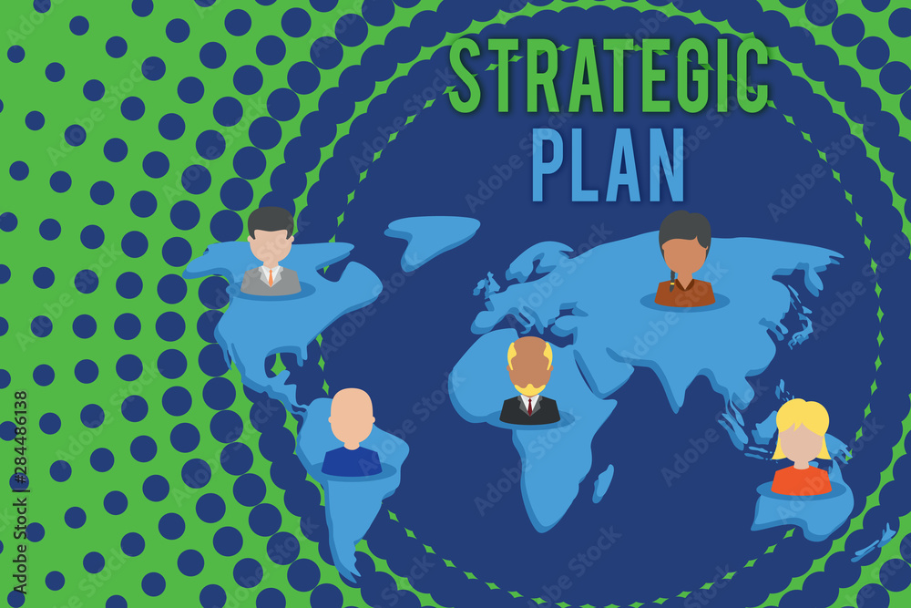 Fototapeta premium Word writing text Strategic Plan. Business photo showcasing a systematic process of envisioning a desired future Connection multiethnic persons all over world. Global business earth map