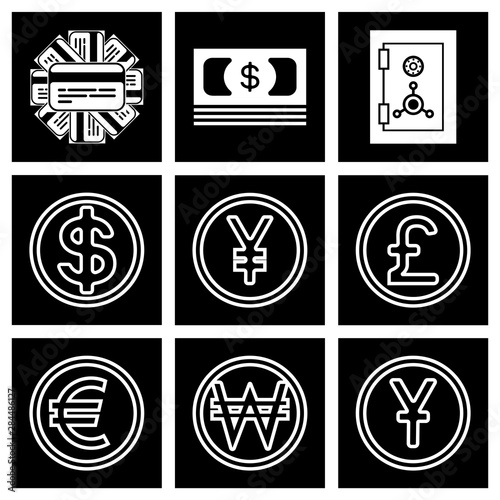 Finance. Icon Set. Currency signs and additional business tools and a safe.Flat monochrome images.