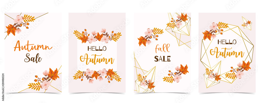 Collection of autumn background set with gold geometric,leaves,flower,wreath.Vector illustration for invitation,postcard and sticker.Editable element - obrazy, fototapety, plakaty 