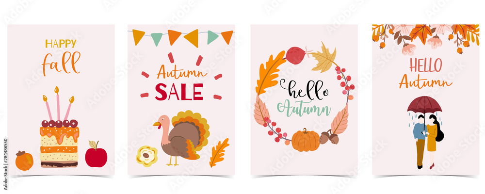 Collection of autumn background set with woman,leaves,pumpkin,wreath.Vector illustration for invitation,postcard and sticker.Editable element