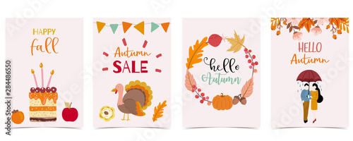 Collection of autumn background set with woman leaves pumpkin wreath.Vector illustration for invitation postcard and sticker.Editable element