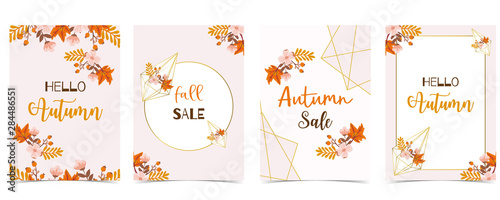 Collection of autumn background set with gold geometric,leaves,flower,wreath.Vector illustration for invitation,postcard and sticker.Editable element