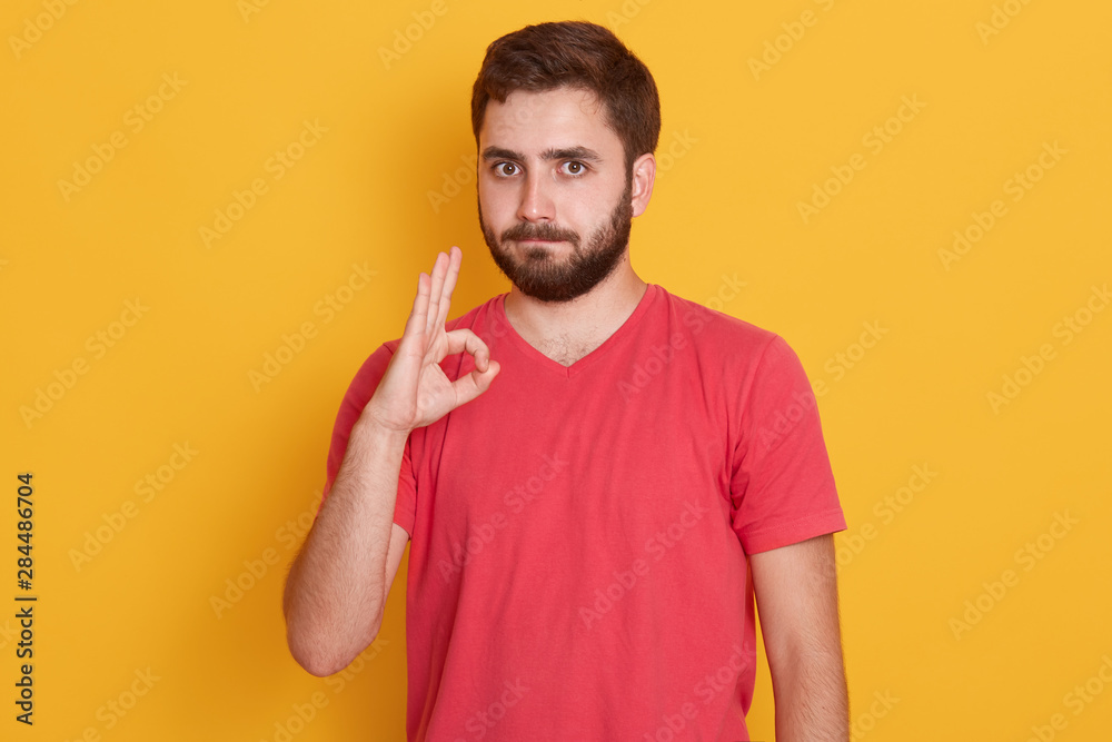Photo of handsome man with dark hair, wearing yellow t shirt, isolated over yellow background, showing ok sign, bearded man looking directly at camera with calm facial experession. People concept. Photo of handsome man with dark hair, wearing yellow t shirt, isolated over yellow background, showing ok sign, bearded man looking directly at camera with calm facial experession. People concept.