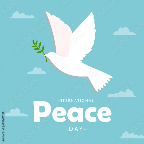  Peace day vector illustration of white dove bird on blue sky background.