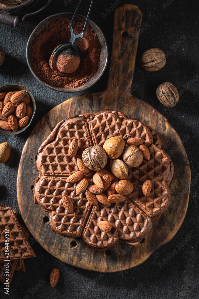 Top view of homemade waffles made of nuts and cocoa Top view of homemade waffles made of nuts and cocoa