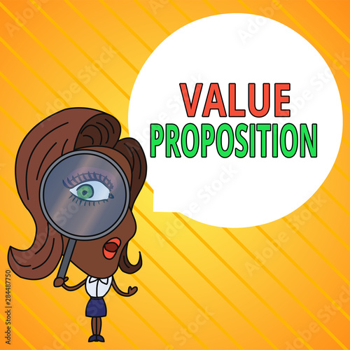 Text sign showing Value Proposition. Business photo text feature intended to make a company or product attractive Woman Looking Trough Magnifying Glass Big Eye Blank Round Speech Bubble