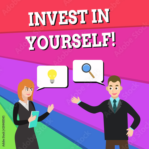 Text sign showing Invest In Yourself. Business photo showcasing learn new things or materials thus making your lot better Business Partners Colleagues Jointly Seeking Problem Solution Generate Idea