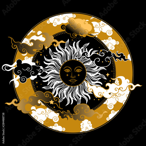 Vector illlustration of sun with clouds frame.astronomy and astrology symbol. Vintage, boho or gypsy style. Astrology and alchemy vibes.