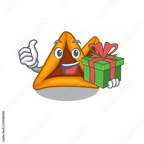 With gift hamantaschen cookies isolated with the mascot