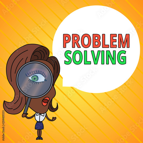 Text sign showing Problem Solving. Business photo text process of finding solutions to difficult or complex issues Woman Looking Trough Magnifying Glass Big Eye Blank Round Speech Bubble