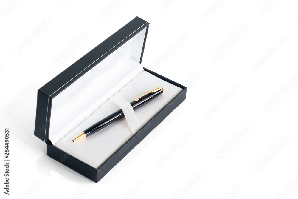 Luxury ballpoint pen black/gold color in box isolated on white background, clipping path