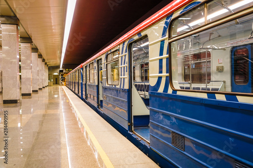 Moscow, Russia - August, 8, 2019: interior of Moscow subway station Prokshino.
