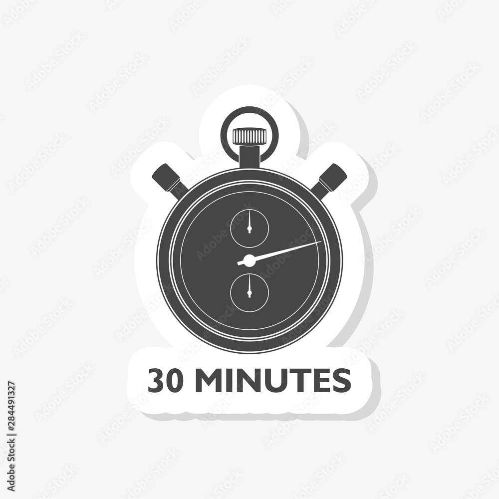 Abstract stop watch on thirty minutes sticker icon Abstract stop watch on thirty minutes sticker icon
