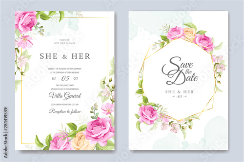 wedding invitation card template with beautiful floral and leaves 