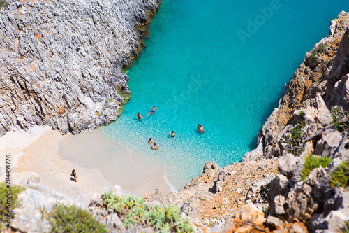 Secret beach on remote island. Rizoskloko, Crete, Greece. Seitan Limani photo