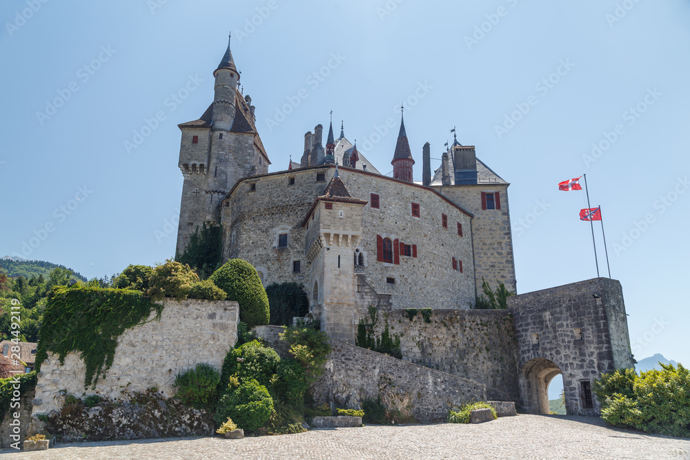 View to Château de Menthon-Saint-Bernard castle close to Annecy, France