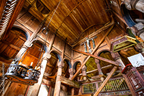 Urnes Stave Church in Ornes along Lustrafjorden in Sogn og Fjordane county in Norway.