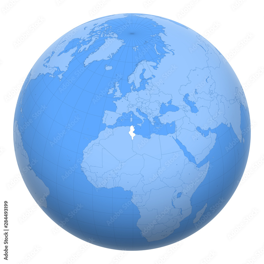 Tunisia on the globe. Earth centered at the location of the Republic of Tunisia. Map of Tunisia. Includes layer with capital cities.