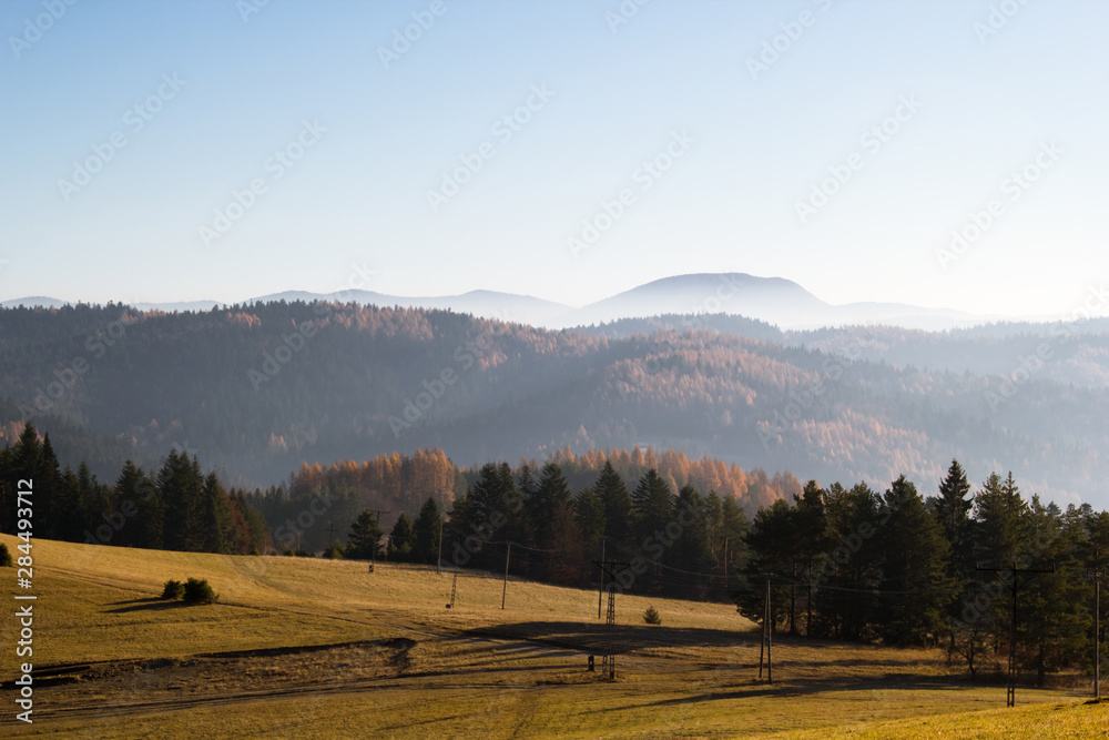 View of Low Beskids and Mountain Lackowa from Mountain Jaworzyna at sunrise