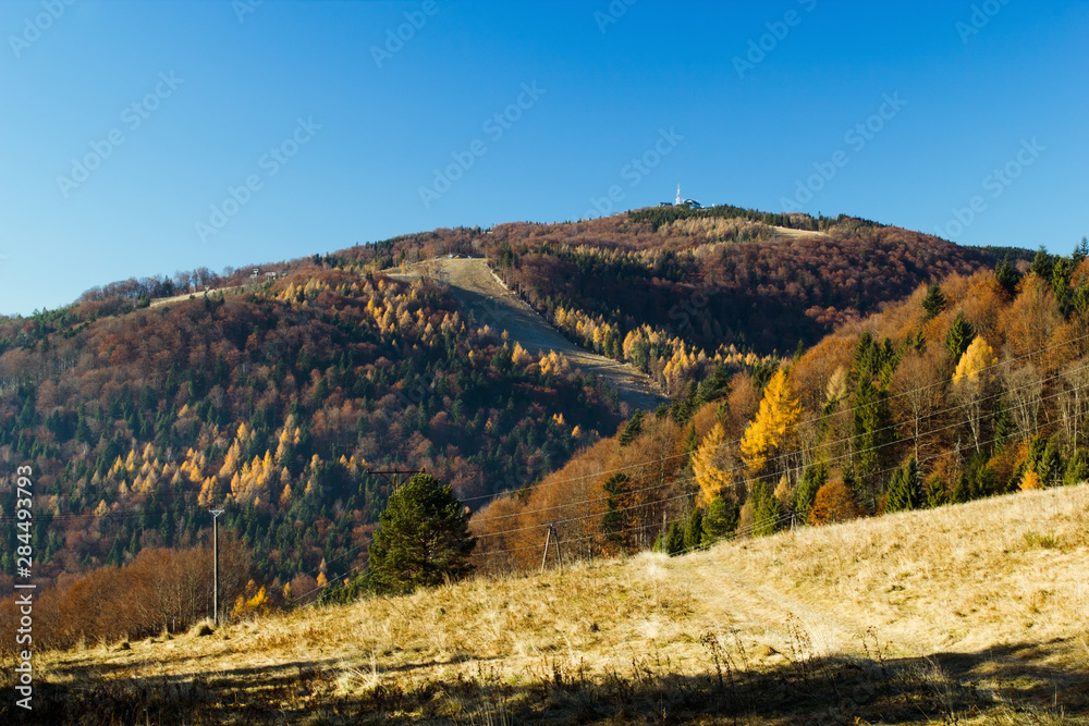 Jaworzyna Mountain (1114 msl) in Beskids late autumn at sunrise