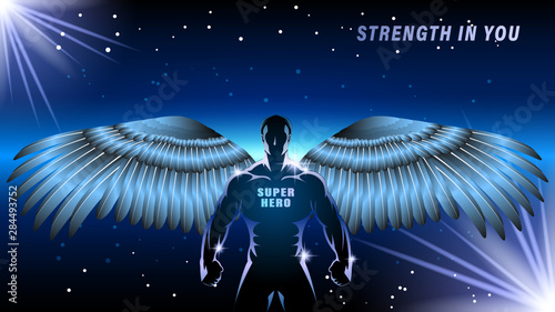 Superhero with wings on a dark backgrond
