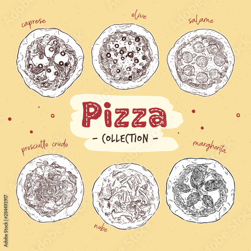 Pizza top view set with different ingredients. Italian whole pizza. hand draw sketch vector.