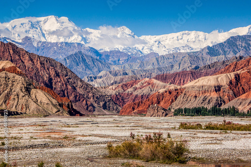 Red mountains alongside the Karakoram highway near the Kashgar city in the China 