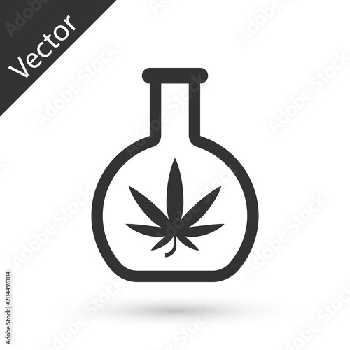 Grey Chemical test tube with marijuana or cannabis leaf icon isolated on white background. Research concept. Laboratory CBD oil concept. Vector Illustration