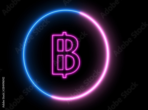 Neon bitcoin symbol, Concept of new money of technology. Glowing led light and swirling round with BTC symbol.