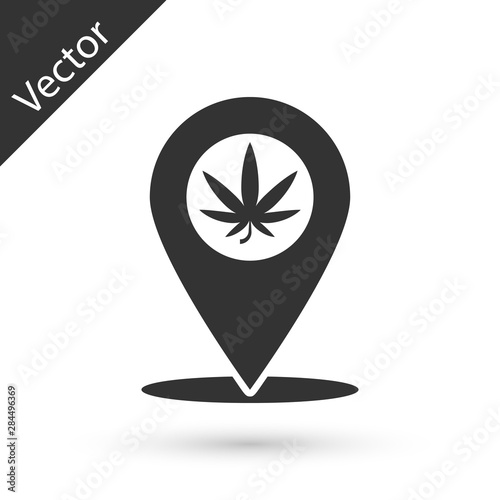 Grey Map pointer and marijuana or cannabis leaf icon isolated on white background. Hemp symbol. Vector Illustration