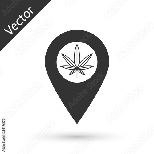 Grey Map pointer and marijuana or cannabis leaf icon isolated on white background. Hemp symbol. Vector Illustration
