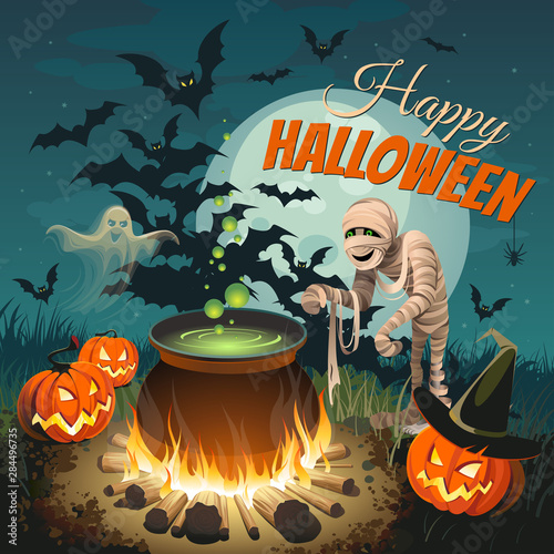 Halloween illustration. Square banner with pumpkins, bonfire, mummy and others festival characters on night background. Autumn landscape.