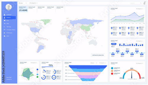 Dashboard, great design for any site purposes. Business infographic template. Vector flat illustration. Big data concept Dashboard user admin panel template design. Analytics UI, UX admin dashboard