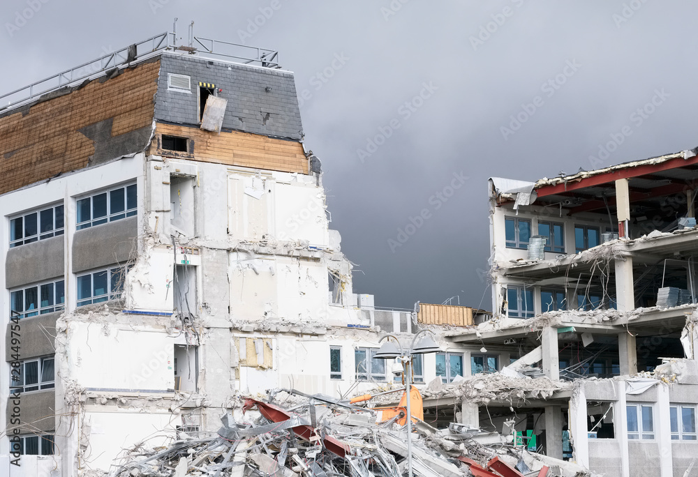 Demolition of hotel collapse following bomb blast explosion