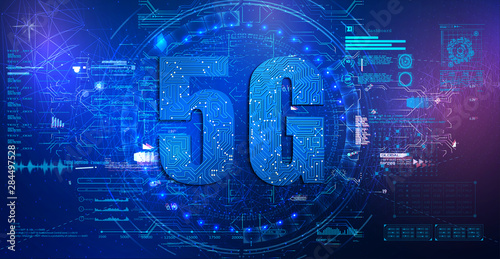 5G technology with circuit board is background. 5G network wireless systems.  Interface set for GUI, UI, UX design. HUD style. Technology elements. Futuristic virtual graphic touch user interface.