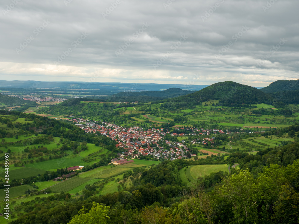 View from the Ruin Reussenstein across the beautiful landscape of the alb and to Neidlingen