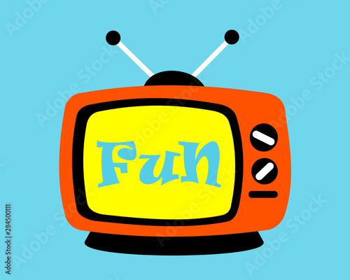 Retro vintage TV and television with fun text on the screen and display. Tele broadcast as medium of entertainement, amusement and funny programme. Vector illustration