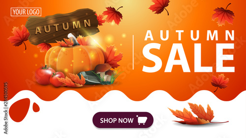 Autumn sale, orange banner with harvest of vegetables and a wooden sign