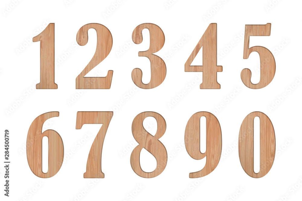 Set of number 0 through 9 in shape from wood on white background Set of number 0 through 9 in shape from wood on white background