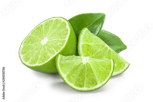 half lime with leaves isolated on white background