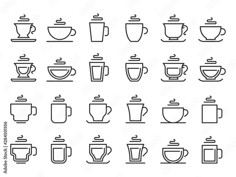 Hot drink cup outline icon. Coffee cups line pictogram, cocoa and tea mug. Take away cafe beverages logotype, breakfast coffee or hot tea caffeine drinks shop logo. Vector isolated icon set Hot drink cup outline icon. Coffee cups line pictogram, cocoa and tea mug. Take away cafe beverages logotype, breakfast coffee or hot tea caffeine drinks shop logo. Vector isolated icon set