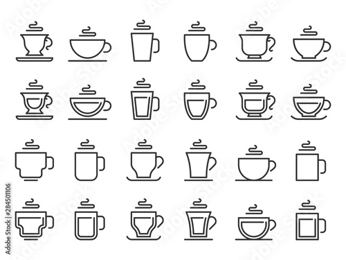 Hot drink cup outline icon. Coffee cups line pictogram, cocoa and tea mug. Take away cafe beverages logotype, breakfast coffee or hot tea caffeine drinks shop logo. Vector isolated icon set
