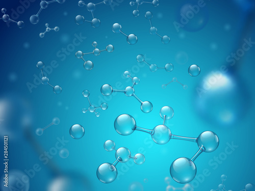 Hyaluronic acid molecules. Hydrated chemicals, molecular structure and blue spherical molecule. Microscope h2o water molecules, hyaluron acides in chemical laboratory 3d vector illustration