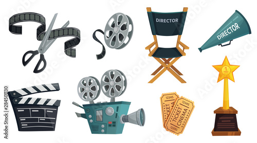 Cartoon cinema video camera, movie clapper board and directors megaphone. Film director chair, tv camera, cinematography prize and ticket. Isolated vector set