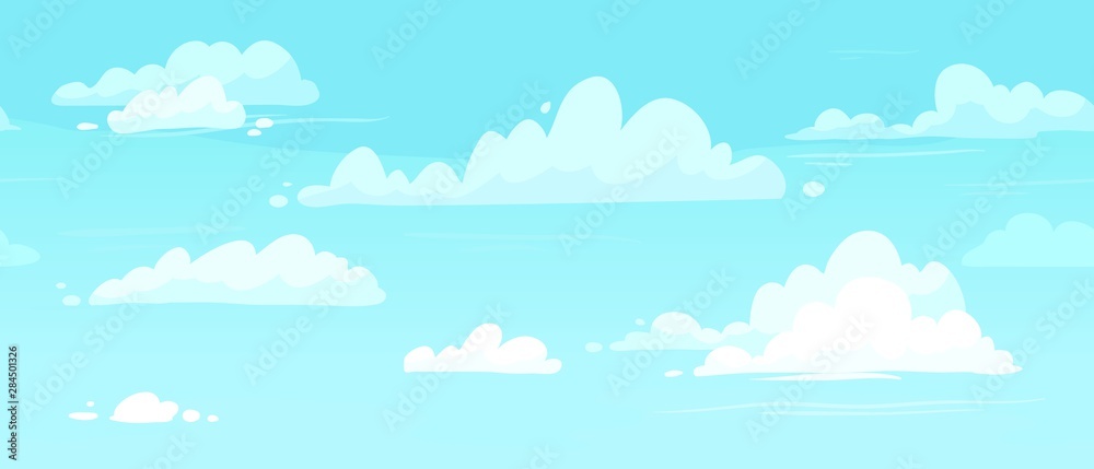 Fototapeta Cartoon cloudy skies. Puffy clouds in blue sky. Cloudy weather, heaven cloud in skies backdrop or meteorology seamless vector background illustration