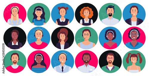 Call center operator. Customer support worker portrait, round avatar hotline contact and supporting person. Calls team operators, telemarketing or consultant worker avatar. Isolated vector icons set