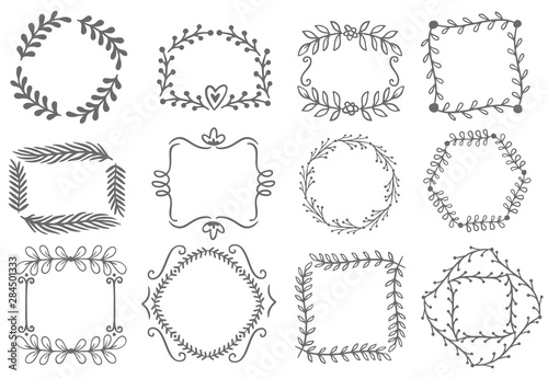 Floral ornament frames. Decorative leaves frame, hand drawn ornamental borders. Victorian style decor floral border, luxury royal antique wedding decorative emblem. Isolated vector icons set